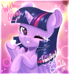 Size: 1667x1800 | Tagged: safe, artist:amitadust, twilight sparkle, alicorn, pony, g4, 2019, blushing, commission, female, frog (hoof), heart, looking at you, mare, old art, one eye closed, smiling, smiling at you, solo, twilight sparkle (alicorn), underhoof, wings, wink, winking at you