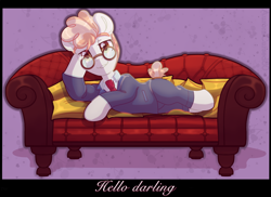 Size: 1800x1312 | Tagged: safe, artist:amitadust, svengallop, earth pony, pony, g4, 2020, bedroom eyes, clothes, couch, glasses, hoof on head, looking at you, lying down, male, necktie, old art, reclining, smiling, smiling at you, solo, stallion, stupid sexy svengallop, sultry pose