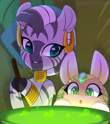 Size: 1977x2214 | Tagged: safe, artist:amitadust, zecora, oc, oc:foliony, insect, moth, mothpony, original species, zebra, g4, 2020, :o, bubble, cauldron, cute, duo, eyes on the prize, female, glowing, grin, heart, heart eyes, hoof hold, leaning, looking at something, mare, ocbetes, old art, open mouth, smiling, starry eyes, wingding eyes, zecorable