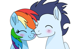 Size: 2139x1395 | Tagged: source needed, safe, artist:pinky cloudy, rainbow dash, soarin', pegasus, pony, g4, blushing, eyes closed, female, male, mare, ship:soarindash, shipping, smiling, stallion, straight