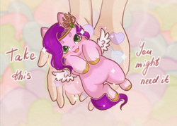 Size: 3500x2500 | Tagged: safe, artist:amitadust, artist:auroracursed, pipp petals, pegasus, pony, g5, adorapipp, cute, diadem, female, hand, happy, heart, high res, hnnng, it's dangerous to go alone, jewelry, looking at you, mare, open mouth, open smile, pipp is short, pipp is smol, regalia, smiling, smol, sparkles, spread wings, take this, unshorn fetlocks, weapons-grade cute, wings