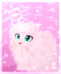 Size: 1379x1674 | Tagged: safe, artist:amitadust, artist:auroracursed, oc, oc only, oc:fluffle puff, earth pony, pony, 2019, cake, female, fluffy, food, old art, open mouth, open smile, smiling, solo, underhoof