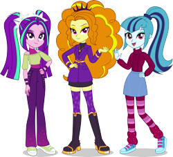 Size: 4409x4000 | Tagged: safe, artist:limedazzle, adagio dazzle, aria blaze, sonata dusk, equestria girls, g4, belt, boots, clothes, coat, denim, eyeshadow, female, hairband, high heel boots, jeans, jewelry, leg warmers, makeup, necklace, open mouth, pants, shirt, shoes, simple background, skirt, sneakers, socks, striped socks, sweater, tank top, the dazzlings, transparent background, trio, trio female, wristband