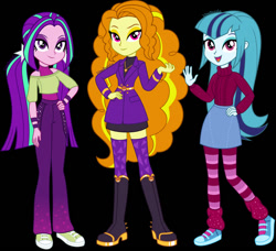 Size: 750x683 | Tagged: safe, alternate version, artist:limedazzle, adagio dazzle, aria blaze, sonata dusk, equestria girls, g4, alternate hairstyle, belt, black background, boots, clothes, coat, denim, eyeshadow, female, hairband, high heel boots, jeans, jewelry, leg warmers, makeup, necklace, open mouth, pants, shirt, shoes, simple background, skirt, sneakers, socks, striped socks, sweater, tank top, the dazzlings, trio, trio female, wristband