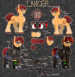 Size: 3375x3500 | Tagged: safe, artist:molars, oc, oc only, oc:lancer, earth pony, pony, ashes town, fallout equestria, clothes, colored, commission, cybernetic spine, flat colors, glasses, gun, hoof grip gun, male, mouth grip gun, outfit, pipbuck, reference sheet, shading, solo, stallion, weapon