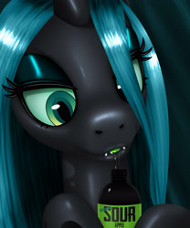 Size: 3334x4000 | Tagged: safe, artist:anonymousandrei, derpibooru exclusive, queen chrysalis, changeling, changeling queen, g4, bottle, drink, drool, green tongue, lidded eyes, lips, salivating