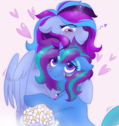 Size: 1091x1158 | Tagged: safe, artist:sparjechkaa, oc, oc only, pegasus, g4, blue coat, bouquet, commission, couple, female, flower, hug, lesbian, looking at each other, looking at someone, pink background, purple mane, romantic, simple background, smiling, smiling at each other, ych result