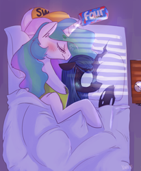 Size: 2565x3114 | Tagged: dead source, safe, artist:xieril, princess celestia, queen chrysalis, alicorn, pony, g4, 2015, baseball cap, bed, blushing, brolestia, cap, commission, cuddling, dork, dorkalis, drunk, drunklestia, duo, eyes closed, female, four loko, hat, lesbian, mare, mewball, nerd, old art, ruined for marriage, scrunchy face, ship:chryslestia, shipping, sleeping, snuggling, spooning, tsundere