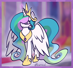 Size: 828x768 | Tagged: safe, artist:kharmacal, princess celestia, alicorn, pony, g4, accessory, clothes, crown, ethereal mane, ethereal tail, jewelry, passepartout, peytral, regalia, shading, shoes, solo, tail