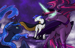 Size: 2000x1300 | Tagged: safe, artist:twixt, nightmare moon, princess luna, sci-twi, twilight sparkle, oc, oc:nova shine, g4, dream, midnight sparkle