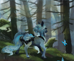 Size: 1654x1370 | Tagged: safe, artist:wolfiedrawie, oc, oc only, oc:raina, butterfly, pony, 2021, commission, forest, nature, old art, solo, tree, tree stump