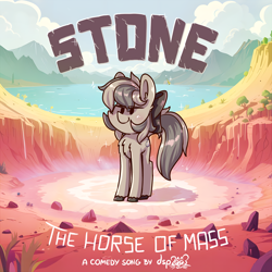 Size: 4096x4096 | Tagged: safe, ai assisted, ai content, artist:dsp2003, generator:stable diffusion, oc, oc:stone, earth pony, pony, aftermath, beady eyes, blushing, bowtie, chest fluff, chibi, cloud, cover art, crater, detailed background, earth pony oc, female, mare, signature, smug, solo, solo female, song in the description, text, water