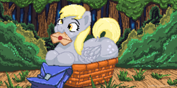 Size: 1280x640 | Tagged: safe, artist:ruanshi, derpy hooves, pony, g4, basket, digital art, envelope, forest, happy, mail, nature, pixel art, solo, tree