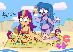 Size: 2048x1477 | Tagged: safe, artist:garybaldor, izzy moonbow, sunny starscout, human, equestria girls, g4, g5, barefoot, beach, beach towel, bikini, clothes, cloud, drink, equestria girls-ified, feet, g5 to equestria girls, g5 to g4, generation leap, kneeling, looking at each other, looking at someone, lying down, mane stripe sunny, nest, outdoors, sandals, signature, sky, smiling, smoothie, string bikini, sunscreen, swimsuit, tan lines