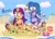 Size: 2048x1477 | Tagged: safe, artist:garybaldor, izzy moonbow, sunny starscout, human, equestria girls, g4, g5, bare shoulders, barefoot, beach, beach towel, belly, belly button, bikini, breasts, clothes, cloud, drink, equestria girls-ified, eyebrows, eyebrows visible through hair, feet, flip-flops, g5 to equestria girls, g5 to g4, generation leap, kneeling, looking at each other, looking at someone, lying down, mane stripe sunny, midriff, nest, ocean, outdoors, sandals, seashell, signature, sky, smiling, smoothie, string bikini, sunscreen, swimsuit, tan lines, water