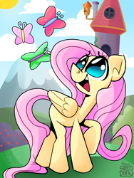 Size: 1536x2048 | Tagged: safe, artist:fraciss, fluttershy, butterfly, g4, digital art, female, mare, nature, redraw, smiling, tower, watermark