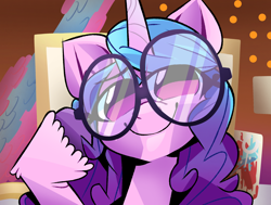 Size: 2280x1720 | Tagged: safe, artist:fraciss, izzy moonbow, pony, unicorn, g5, my little pony: a new generation, curly mane, eyelashes, female, glasses, horn, looking at you, mare, scene interpretation, smiling, smiling at you