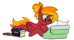 Size: 1288x703 | Tagged: safe, artist:moonatik, oc, oc only, oc:moonatik, pegasus, pony, book, fanfic art, glasses, hair bun, hoof on chin, male, pegasus oc, simple background, solo, stallion, transparent background, typewriter, wings