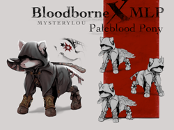 Size: 1980x1480 | Tagged: safe, artist:mystery-lou, oc, oc only, alicorn, earth pony, pegasus, pony, 2021, axe, belt, bloodborne, cloak, clothes, crossover, hoof shoes, old art, reference sheet, solo, speedpaint, weapon