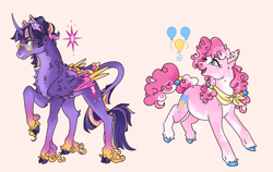 Size: 2895x1832 | Tagged: safe, artist:ashmatashs, pinkie pie, twilight sparkle, alicorn, earth pony, pony, g4, alternate cutie mark, alternate design, alternate hairstyle, alternate mane color, alternate tail color, alternate tailstyle, bandana, chest fluff, colored wings, colored wingtips, curved horn, duo, ear fluff, female, glasses, height difference, horn, leonine tail, mare, raised hoof, redesign, tail, twilight sparkle (alicorn), unshorn fetlocks, wings