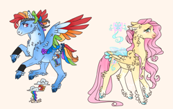 Size: 2895x1832 | Tagged: safe, artist:ashmatashs, fluttershy, rainbow dash, flutter pony, hybrid, pegasus, pony, g4, alternate cutie mark, alternate design, alternate hairstyle, alternate tailstyle, bandana, blushing, chest fluff, cloven hooves, coat markings, colored ear fluff, colored eyebrows, colored hooves, colored muzzle, colored wings, duo, ear fluff, facial markings, feathered fetlocks, female, floppy ears, flying, folded wings, hooves, hybrid tail, hybrid wings, looking back, mare, mealy mouth (coat marking), multicolored wings, pale belly, rainbow wings, redesign, simple background, smoldash, socks (coat markings), species swap, spread wings, tail, tail feathers, tallershy, transparent wings, walking, white background, wings