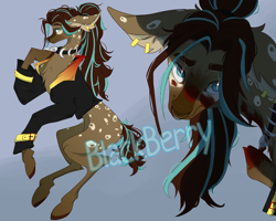 Size: 2500x2000 | Tagged: safe, artist:blackberry907, oc, oc only, earth pony, pony, adoptable, blue background, clothes, coat markings, concave belly, ear piercing, earring, female, jacket, jewelry, mare, necklace, nose piercing, nose ring, piercing, simple background, thin, watermark