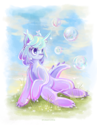 Size: 2580x3315 | Tagged: safe, artist:stearinka, oc, oc only, oc:star moonlight, goo, goo pony, original species, pony, bubble, commission, curved horn, female, horn, mare, outdoors, sitting, solo