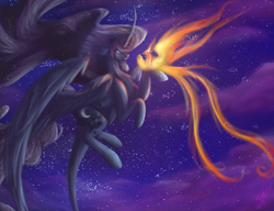 Size: 1280x984 | Tagged: safe, artist:xanthiminora, philomena, princess luna, alicorn, phoenix, pony, g4, 2020, alternate design, curved horn, duo, female, flying, horn, large wings, long horn, long mane, long tail, mare, night, night sky, old art, outdoors, sky, tail, wings