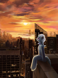 Size: 2244x2993 | Tagged: safe, artist:stearinka, oc, oc only, pony, unicorn, city, cityscape, commission, detailed background, horn, looking up, outdoors, solo, sunset