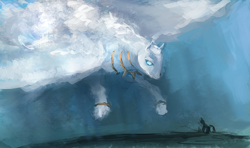 Size: 1564x926 | Tagged: safe, artist:elkaart, oc, oc only, air elemental, elemental, elemental pony, golem, pony, 2013, air, air pony, cloud, cloudy, old art, size difference, sky, surreal