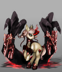 Size: 992x1154 | Tagged: safe, artist:elkaart, oc, oc only, pony, unicorn, 2014, armor, braid, claws, clothes, crown, female, heart, horn, jewelry, magic, mare, old art, puppet, rearing, regalia, shoes, solo