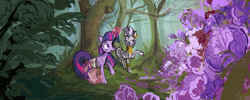 Size: 2920x1168 | Tagged: safe, artist:megalura, twilight sparkle, zecora, pony, unicorn, zebra, g4, bag, duo, everfree forest, female, flower, forest, glowing, glowing horn, horn, levitation, magic, mare, nature, outdoors, parchment, quill, saddle bag, telekinesis, tree, unicorn twilight