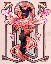 Size: 1986x2494 | Tagged: safe, artist:segraece, oc, oc only, changeling, 2018, changeling oc, commission, modern art, multiple eyes, nouveau, old art, pink changeling, solo, spread wings, wings