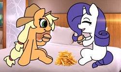 Size: 568x339 | Tagged: safe, artist:tamers12345, applejack, rarity, earth pony, pony, unicorn, my little pony the movie - shattered harmony, g4, bed, burger, food, french fries, hay burger, horn, hotel