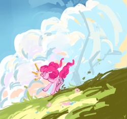 Size: 3407x3200 | Tagged: safe, artist:megalura, pinkie pie, earth pony, pony, g4, cloud, eyes closed, female, grass, grass field, grin, mare, nose in the air, running, sky, smiling, solo, windswept mane