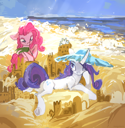 Size: 2982x3055 | Tagged: safe, artist:megalura, pinkie pie, rarity, earth pony, pony, unicorn, g4, beach, butt, duo, female, hat, horn, lying down, mare, ocean, plot, sandcastle, underhoof, water