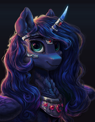 Size: 1336x1720 | Tagged: safe, artist:rysunkowasucharia, princess luna, alicorn, pony, g4, alternate hairstyle, bust, chest fluff, cute, female, horn, horn jewelry, horn ring, jewelry, legitimately amazing mspaint, long hair, looking at you, lunabetes, mare, ms paint, regalia, ring, smiling, solo, speedpaint available