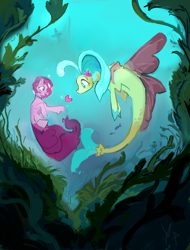 Size: 4377x5753 | Tagged: safe, artist:megalura, pinkie pie, princess skystar, earth pony, fish, pony, seapony (g4), g4, my little pony: the movie, algae, bubble, bubble on head, coral, crepuscular rays, digital art, duo, duo female, female, fin wings, fins, fish tail, flower, flower in hair, flowing mane, flowing tail, heart, helmet, holiday, jewelry, lesbian, looking at each other, looking at someone, mare, necklace, ocean, open mouth, open smile, pearl necklace, scales, seaweed, ship:skypie, shipping, signature, smiling, smiling at each other, sunlight, swimming, tail, underwater, valentine, valentine's day, water, wings