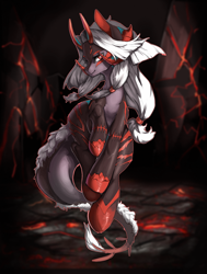 Size: 2000x2639 | Tagged: safe, artist:theprince, oc, oc only, demon, demon pony, pony, 2019, commission, female, horns, lava, mare, old art, red and black oc, smiling, solo