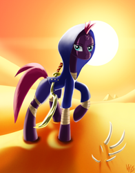 Size: 1940x2480 | Tagged: safe, artist:jphyperx, tempest shadow, pony, unicorn, g4, assassin, assassin's creed, bone, clothes, desert, hoodie, horn, sand, somnambula (location), sun, sweat, sword, weapon