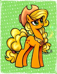 Size: 2277x2963 | Tagged: safe, artist:dariarchangel, applejack, earth pony, pony, g4, alternate hairstyle, alternate tailstyle, applejack's hat, blonde, blonde hair, blonde mane, blonde tail, braid, cowboy hat, cute, element of harmony, element of honesty, eyebrows, eyebrows visible through hair, female, freckles, green eyes, hat, jackabetes, jewelry, lidded eyes, looking up, mane tie, mare, necklace, orange coat, passepartout, patterned background, pretty, smiling, solo, standing, stetson, tail, tail tie, tied hair, tied mane, tied tail, traditional art