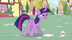 Size: 1280x720 | Tagged: safe, screencap, twilight sparkle, alicorn, pony, g4, my little pony: friendship is magic, testing testing 1-2-3, all new, female, mare, outdoors, ponyville, solo, text, the hub, twilight sparkle (alicorn)