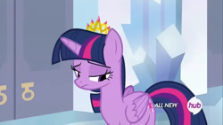 Size: 1280x720 | Tagged: safe, screencap, twilight sparkle, alicorn, pony, g4, my little pony: friendship is magic, twilight's kingdom, all new, crown, crystal empire, female, indoors, jewelry, mare, regalia, sad, solo, text, the hub, twilight sparkle (alicorn)