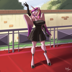 Size: 900x900 | Tagged: safe, artist:kevinsano, princess cadance, alicorn, anthro, unguligrade anthro, g4, big breasts, black dress, breasts, busty princess cadance, clothes, dress, evening gloves, female, gloves, hair over one eye, hoof shoes, long gloves, mare, multiple variants, open mouth, open smile, outdoors, signature, smiling, solo, waving