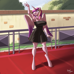 Size: 900x900 | Tagged: safe, alternate version, artist:kevinsano, princess cadance, alicorn, anthro, unguligrade anthro, g4, big breasts, black dress, breasts, busty princess cadance, clothes, dress, female, hair over one eye, mare, multiple variants, open mouth, open smile, outdoors, signature, smiling, solo, waving