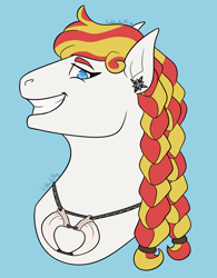 Size: 1250x1602 | Tagged: safe, artist:hiddenfaithy, oc, oc only, oc:blazing justice, earth pony, braid, bust, colored, commission, flat colors, jewelry, necklace, simple background, smiling, solo