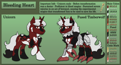 Size: 1841x994 | Tagged: safe, artist:hiddenfaithy, oc, oc only, oc:bleeding heart, hybrid, original species, timber pony, timber wolf, unicorn, before and after, commission, full body, fusion, horn, raised hoof, reference sheet, solo