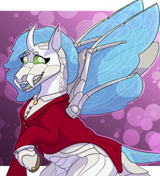 Size: 1942x2143 | Tagged: safe, artist:hiddenfaithy, oc, oc only, oc:queen probiscus, changeling, mantis, mantis pony, clothes, commission, half body, insect wings, solo, wings