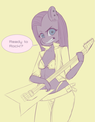 Size: 1231x1590 | Tagged: safe, artist:gear-zs, pinkie pie, anthro, g4, bra, clothes, ear piercing, electric guitar, guitar, musical instrument, pants, partial color, piercing, pinkamena diane pie, sketch, speech bubble, underwear