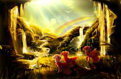 Size: 5000x3235 | Tagged: safe, artist:aquagalaxy, apple bloom, scootaloo, sweetie belle, earth pony, pegasus, pony, unicorn, g4, cape, clothes, cmc cape, cutie mark crusaders, female, filly, foal, horn, rainbow, scenery, scenery porn, spread wings, trio, water, waterfall, wings